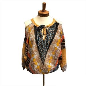 Frin & Flint Bohemian Blouse, Cold Shoulder, Sz L, Autumn Colors, Tribal/Aztec